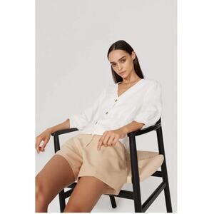 DL1961 Blouse Womens X Small White Audrey V Neck Button Up Linen